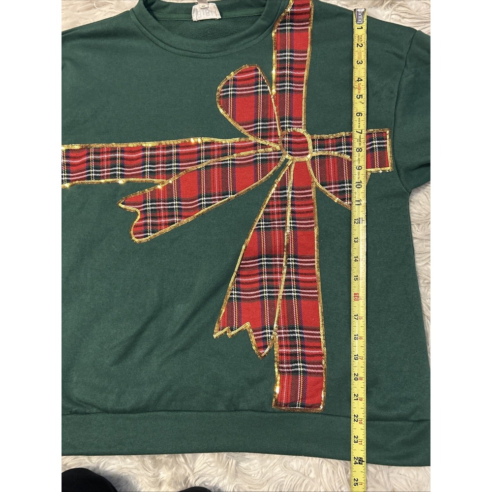 Bibi Green Red Plaid Ribbon Crewneck Pullover Christmas Gold Sequin Holiday Sz S - Picture 11 of 12